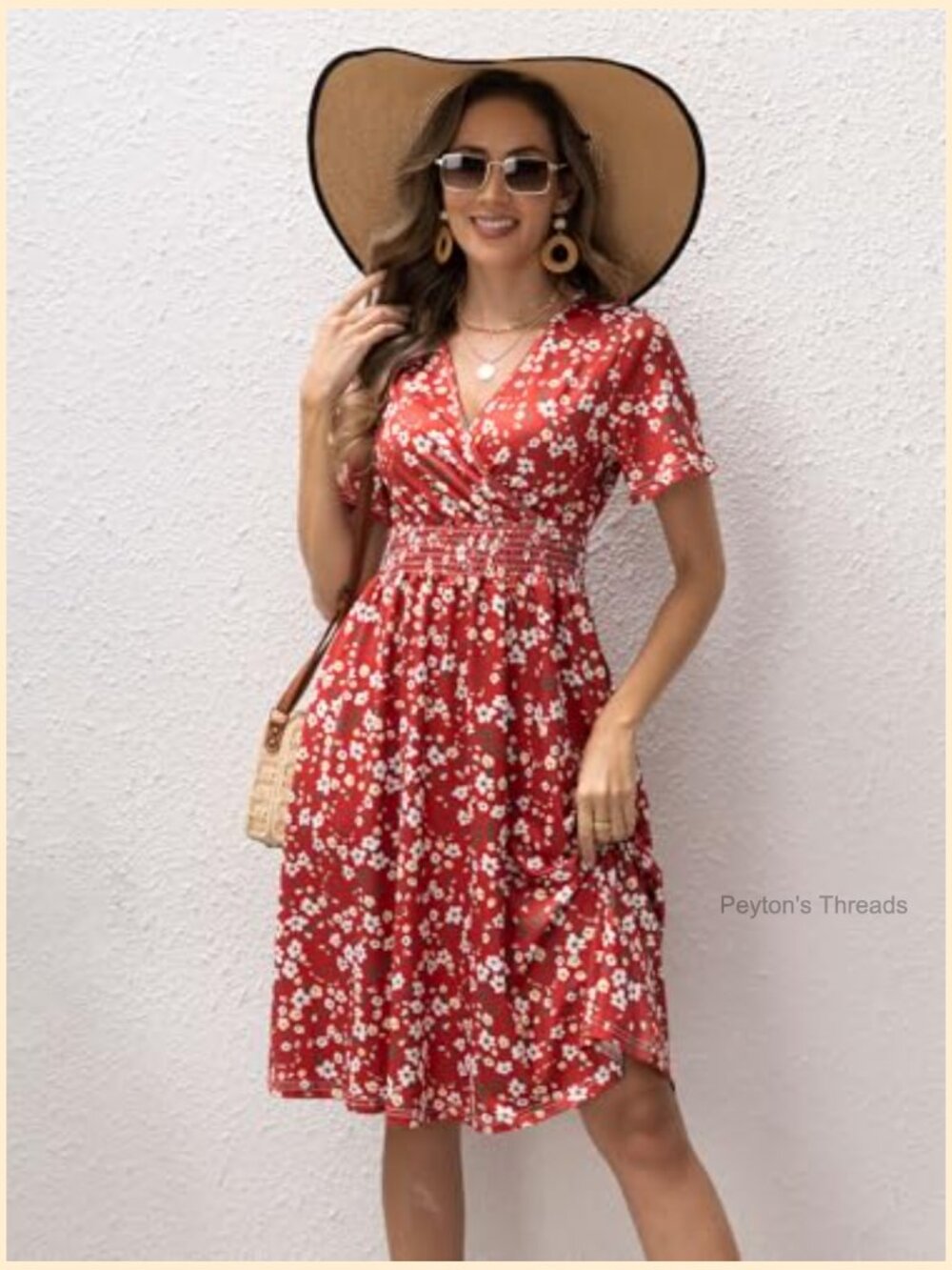 Womens Midi Floral Dress - Short Sleeve Wrap V-Neck Summer Dress with Smocked - Picture 6 of 7
